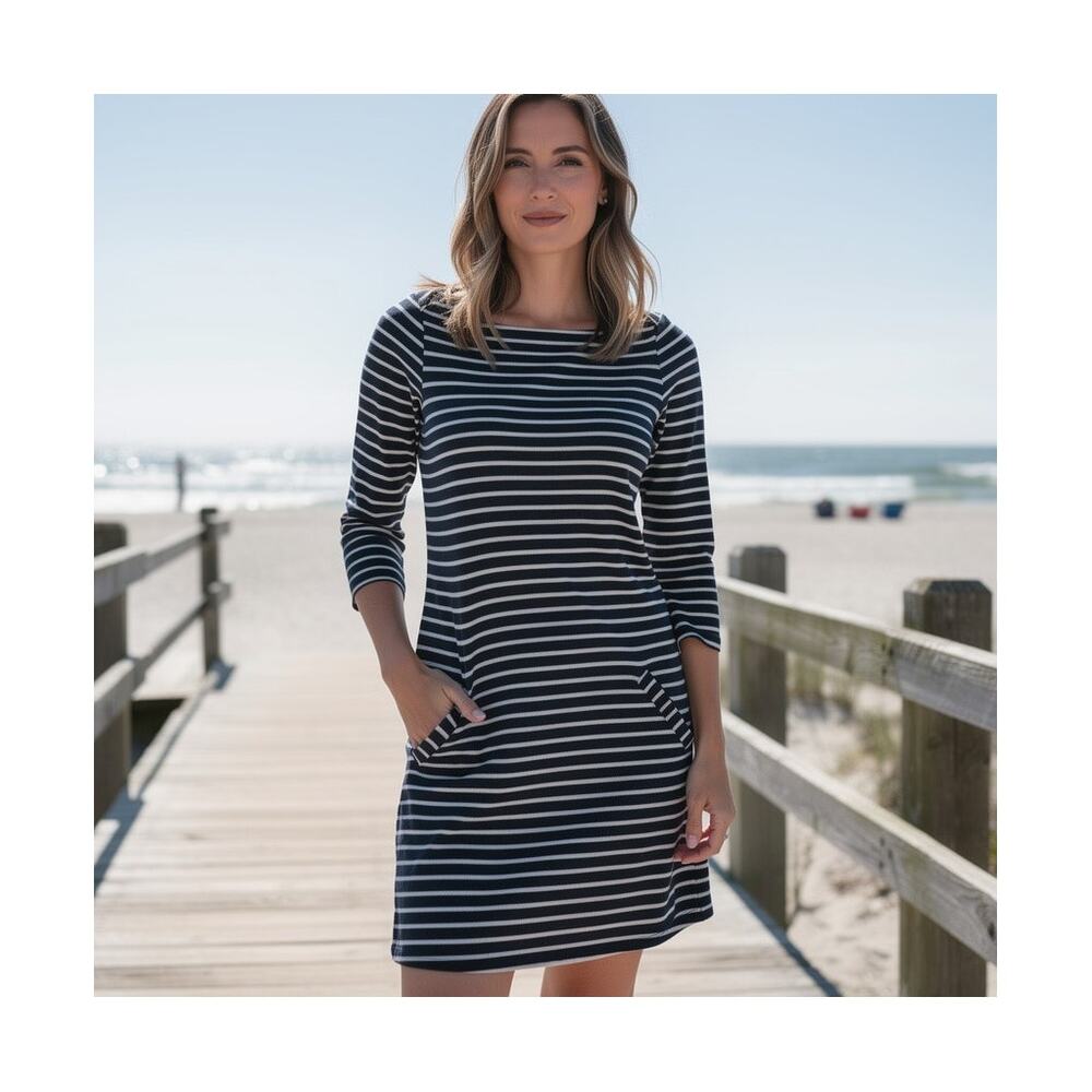Hollister Navy Blue and White Striped Knit Boat Neck Dress XS